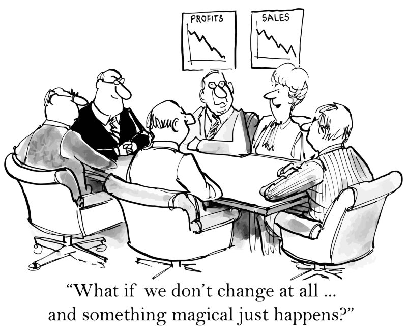 Cartoon image shows woman at board room filled with men. She says, "What if we don't change at all... and something magical just happens?" The article is about the need for change management to drive tech adoption in law firms.