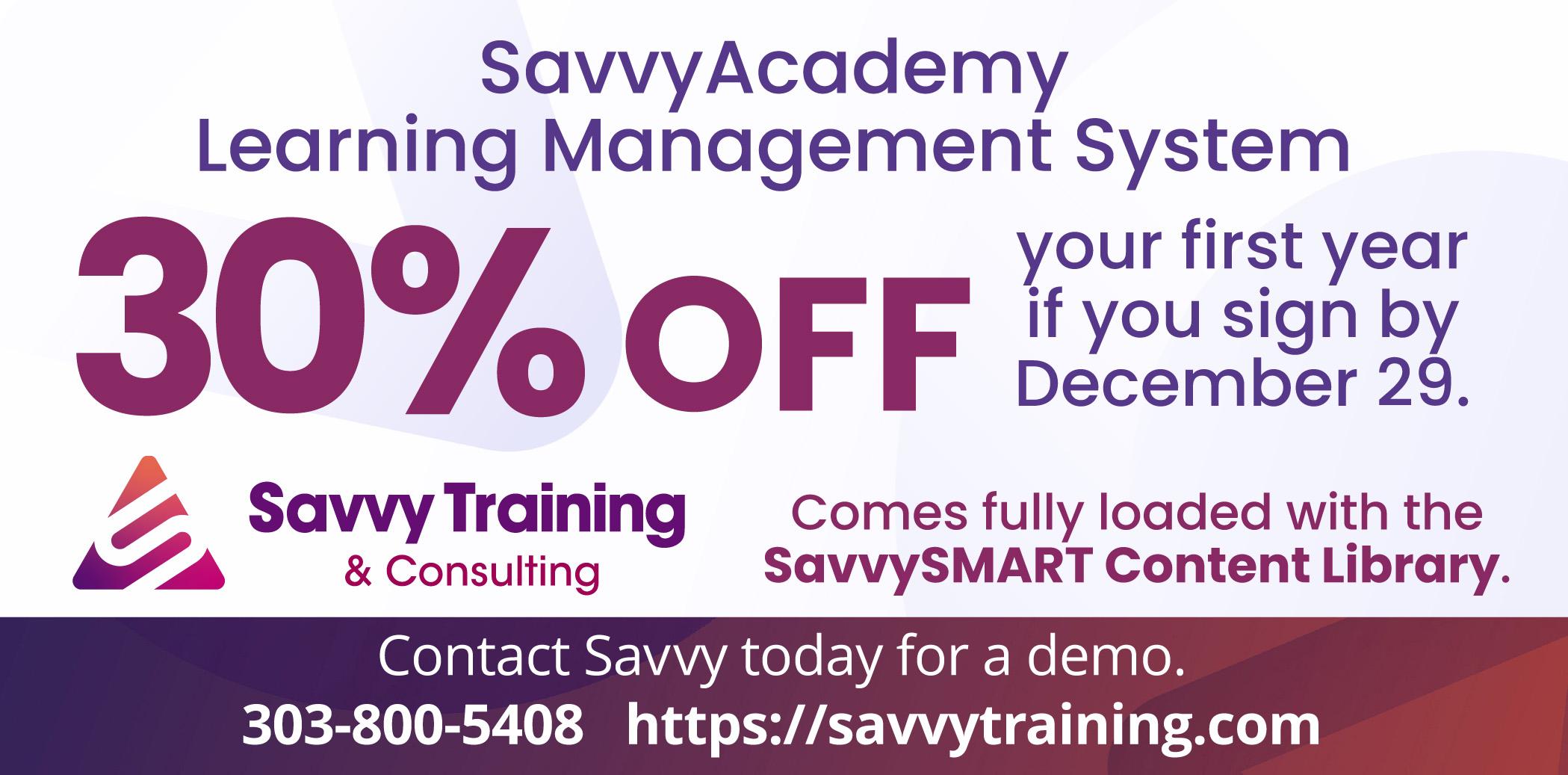 Image is an illustration with words offering a 30% discount on the SavvyAcademy Learning Management System for law firms