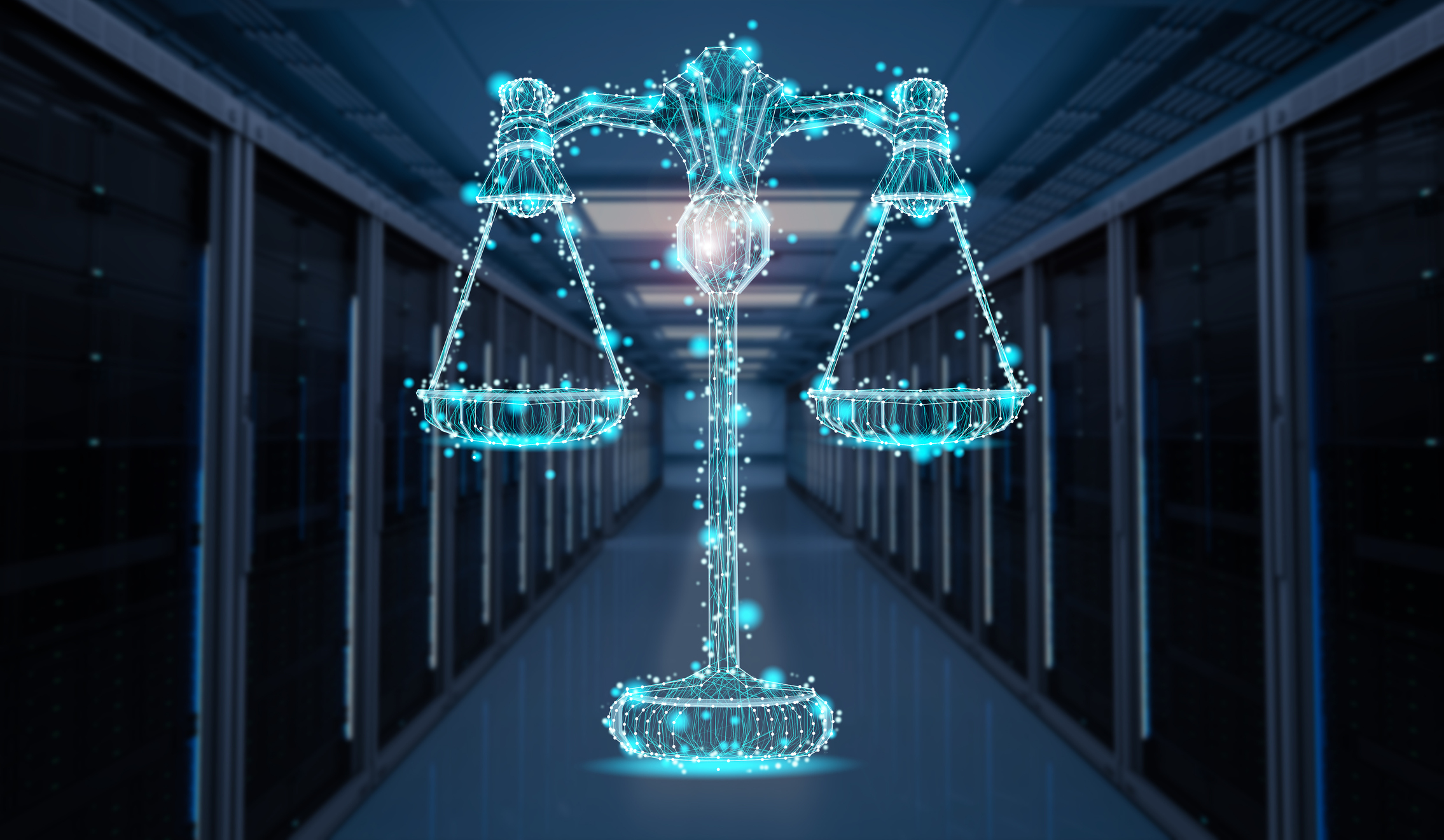 Image is an illustration of the scales of justice using pixels that look like bits of data. It accompanies a story on AI tools in the legal industry.