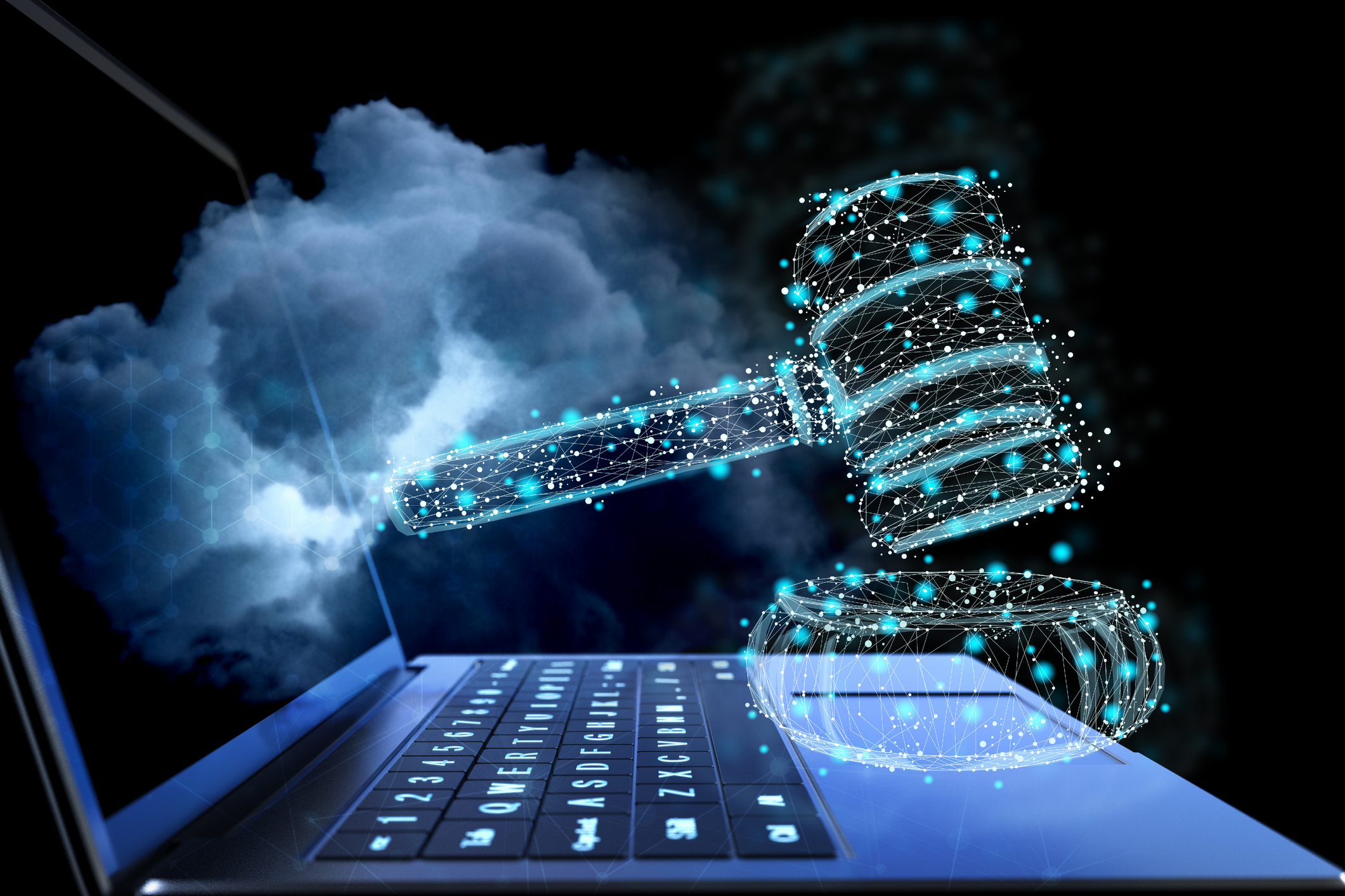 Image shows a gavel illustrated with tiny pixels that look like bites of data. It accompanies a story on AI in the legal industry.