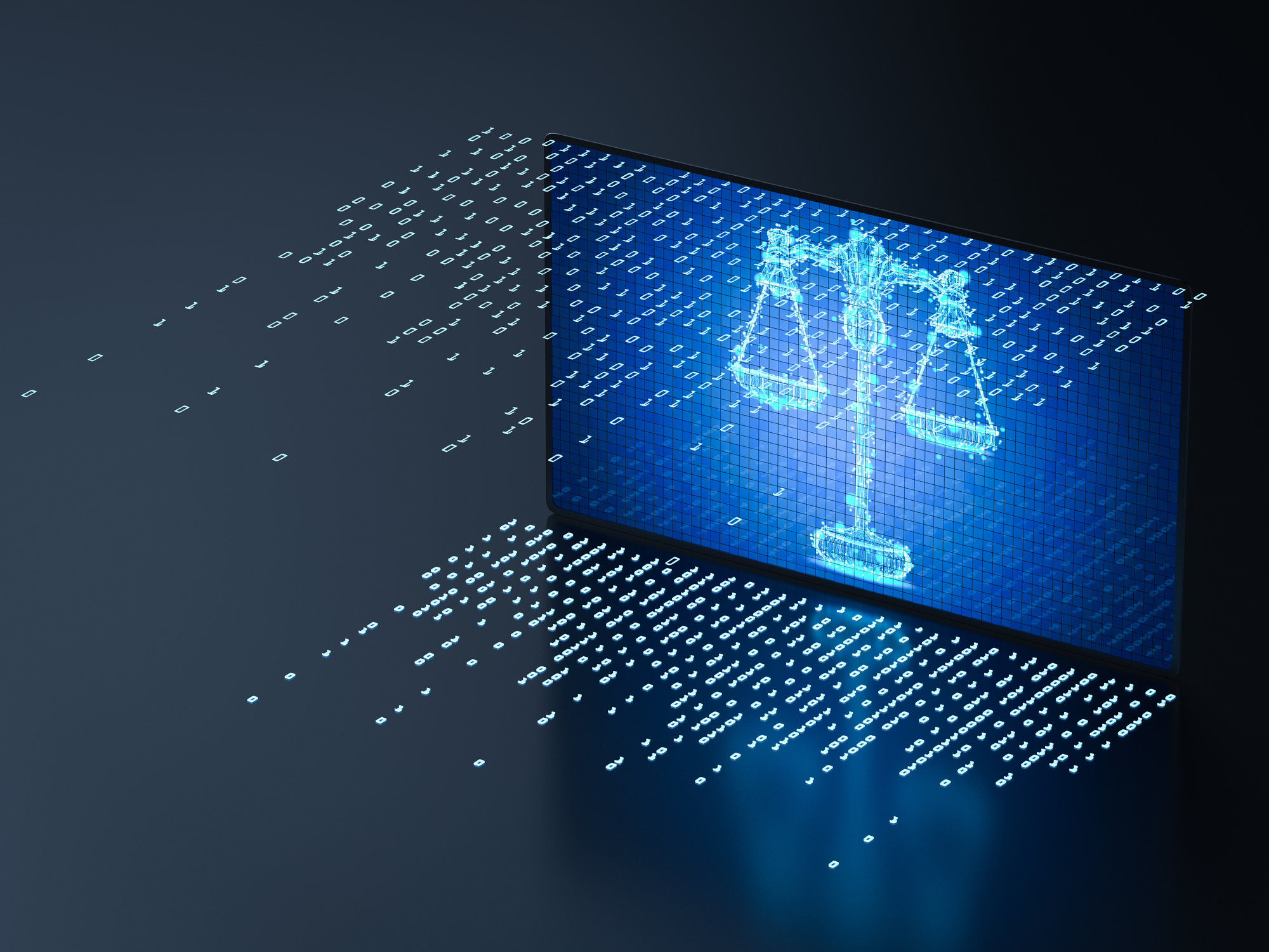 Image shows the scales of justice rendered in pixels that look like bites of data. It accompanies a story on AI technology training for law firms.