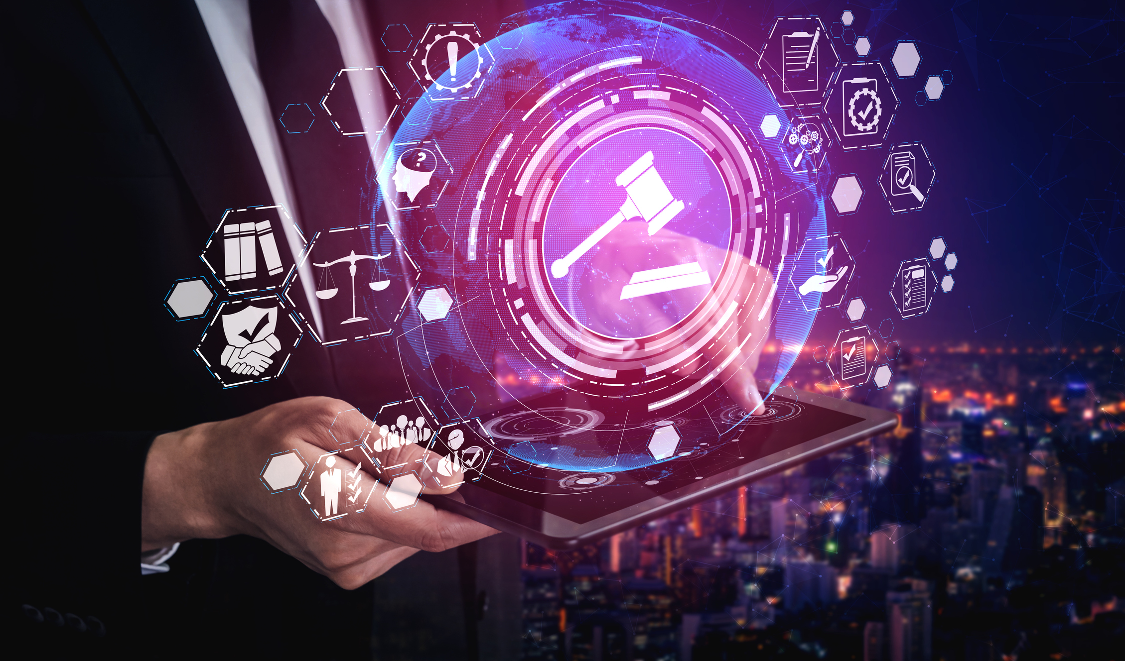 Image is an illustration. It shows a courtroom gavel in the center of a circle, with icons around it. Accompanies a story on legal technology training.