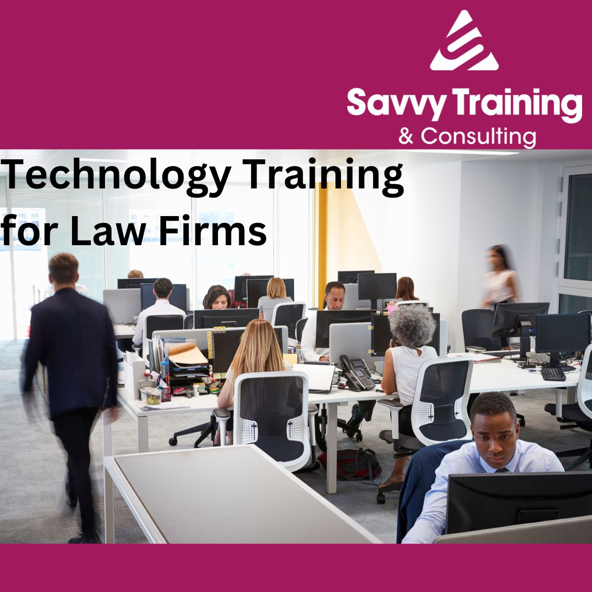 Image shows a man walking through a busy legal office. It accompanies a story on technology training for law firms.